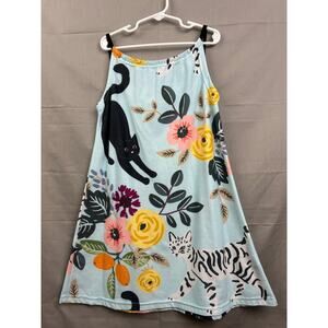 Sunshine Swing Girls Blue Sleeveless Cat and Floral Dress, Size 8